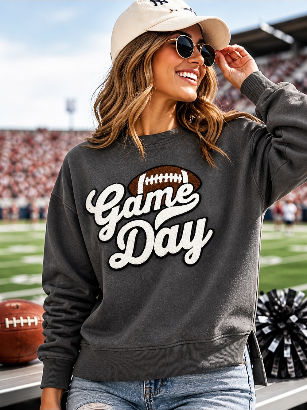 B Famous NYC Game Day Football Sweatshirt Gray Raised Graphic S
